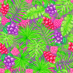 Seamless tropical pattern of leaves and berries. Watercolor illustration. 