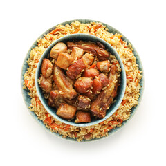 Tasty Asian pilaf on white background