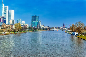 Fototapeta premium Aerial view over modern business buildings at Frankfurt am Main, Germany.