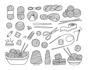Set of knitting tools in sketch doodle style. Various skeins of yarn, needles and hooks, icon of accessories. Collection of handicraft hobby objects. Isolated hand drawn vector illustration