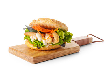 Board with fresh doner kebab in bun on white background