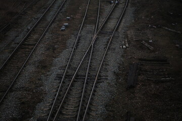 Fototapeta na wymiar The arrow to transfer the train to the next track. Railroad tracks