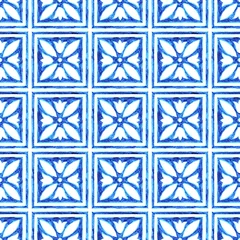 Gordijnen Seamless moroccan pattern. Square vintage tile. Blue and white watercolor ornament painted with marker on paper. Handmade. Print for textiles. Set grunge texture. © flovie