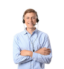 Young consultant of call center in headset on white background