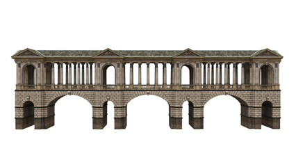 Fototapeta premium 3D rendering of a long covered stone bridge with roof and columns isolated on white background.