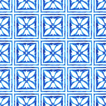 Seamless moroccan pattern. Square vintage tile. Blue and white watercolor ornament painted with marker on paper. Handmade. Print for textiles. Set grunge texture.