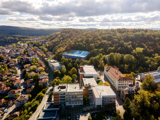 Aerial Sunset view of city of Veliko Tarnovo, Bulgaria