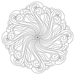 Coloring book mandala with waves. Hand drawn black and white vector illustration.