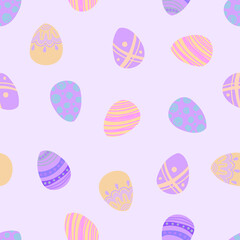 Seamless pastel pattern with painted Easter eggs in doodle style. Vector illustration.