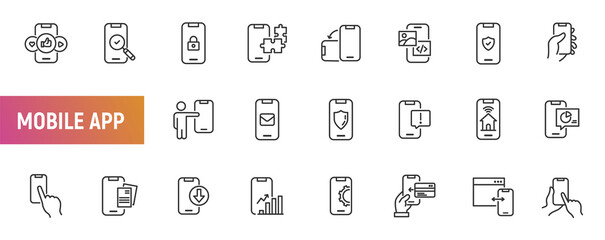 Mobile app hand hold phone line icon. Vector thin smart phone device digital application set design screen template