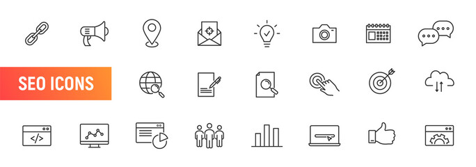 Website seo outline vector link social icon set. Seo web icon business thin video media service