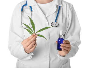 Female doctor with bottle of hemp oil on white background, closeup
