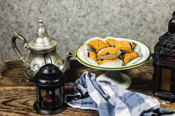  Fried Makrout - Algerian semolina, dates and honey sweets, traditional North Africa sweet food for islam holidays like Ramadan and Eid