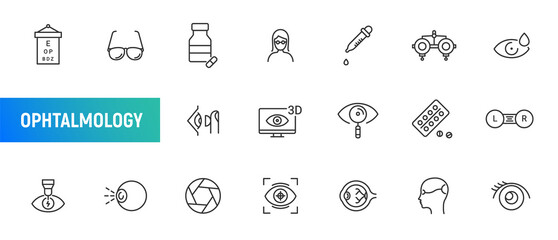 Eye vision stroke icon. Ophthalmology glasses vector optometry health care. Eye lens medical symbol icons
