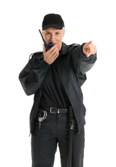 Female security guard with radio transmitter isolated on white