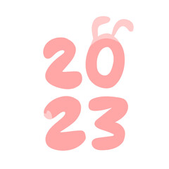 Cute 2023 lettering with the rabbit or hare ears and nose, symbol incoming year. Vector isolated hand-drawn illustration