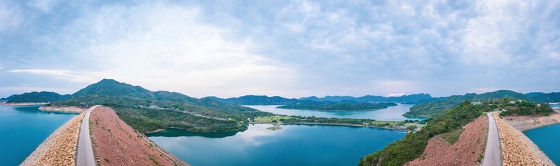 Fototapeta na wymiar Aerial view of the Dam of High Island Reservoir, Sai Kung, Hong Kong, daytime, panorama