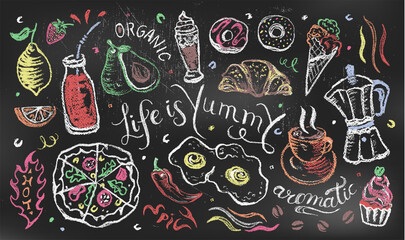 Food and drink illustrations with hand drawn lettering quotes on chalkboard. Menu banner on blackboard. Pastel drawing 