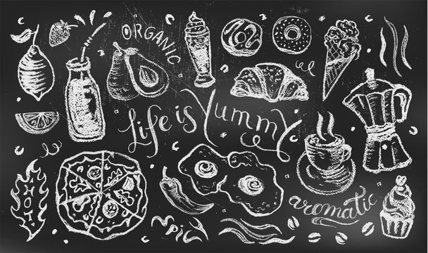 Menu banner with food and drink illustrations, hand drawn lettering quotes. Chalk drawing technique on blackboard in rustic style. Black and white 