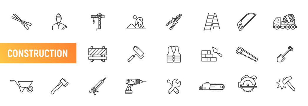 House building construction line icon. Vector home repair builder pictogram house door toilet measure paint sign