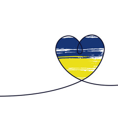 One line Heart with strokes of yellow and blue brush strokes - the color of the flag of Ukraine. The concept of Support and love for Ukraine. Care, love and charity symbol. Vector illustration.