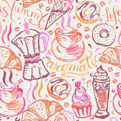 Desserts, pastry and coffee seamless pattern with hand drawn lettering quotes in bright crayons