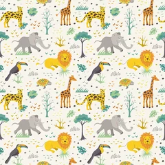 Tapeten Safari animals seamless pattern. Elephants, giraffes, turtle, leopards and toucans in jungle  © Iuliia