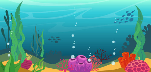 Naklejka na ściany i meble Undersea world. Coral reef illustration. Sea underwater background. Algae and corals