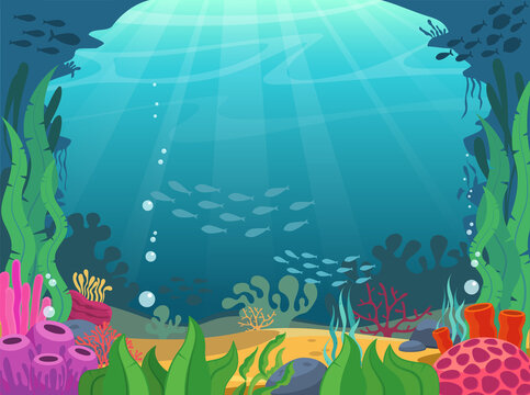Undersea world. Coral reef illustration. Sea underwater background. Algae and corals