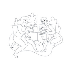 Family reading a book. Outline drawing. Coloring book. 