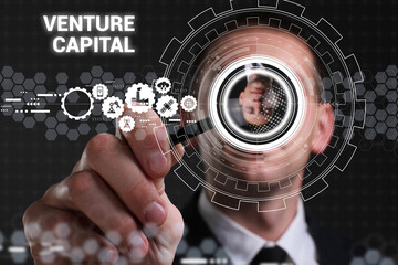 Business, technology, internet and network concept. Young businessman thinks over the steps for successful growth: Venture capital