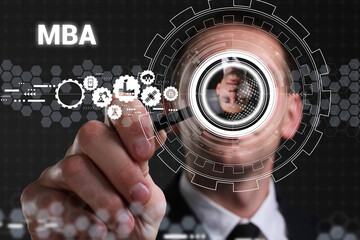 Business, technology, internet and network concept. Young businessman thinks over the steps for successful growth: MBA