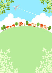 新緑と飛行機と入道雲の街並み背景タテ凸