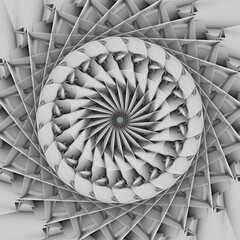 3d render of abstract art with surreal 3d machinery industrial turbine aircraft jet engine or flower in spiral twisted shape with sharp fractal blades on bright background