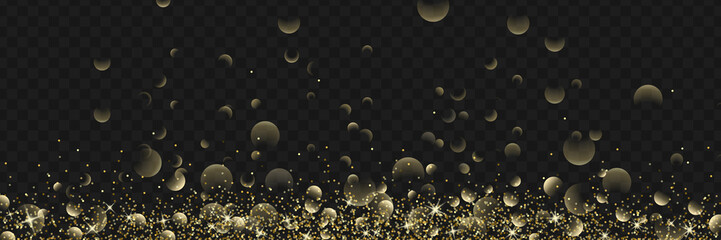 Golden shining glitter with bokeh effect. Sparkling vector border on transparent background. Horizontal design elements for cards, invitations, posters and banners.  - 496199939