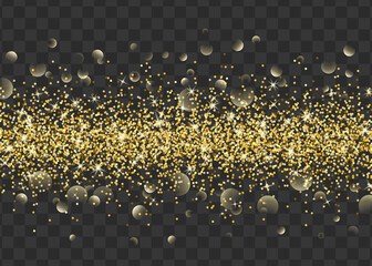 Shine glitter with bokeh effect on transparent background. Sparkling golden border. Shining design element for greeting cards, invitations, posters and banners. - 496199942