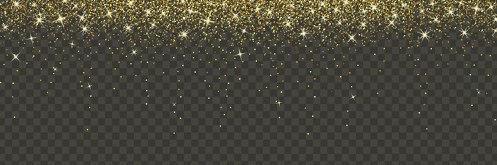 Golden glitter border on transparent background. Shine confetti rain. Horizontal design elements for cards, invitations, posters and banners.  - 496199943