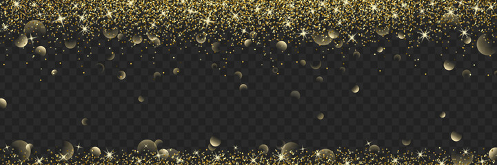 Golden glitter isolated on transparent background. Bokeh effect. Sparkling vector borders. Horizontal design elements for cards, invitations, posters and banners.  - 496199944