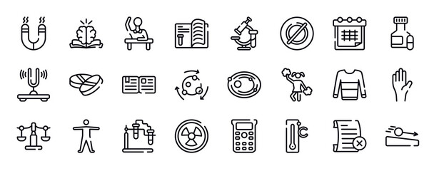 physics thin line icons collection. physics editable outline icons set. timetable, pill jar, tuning fork, drugs, essay, metabolism stock vector.