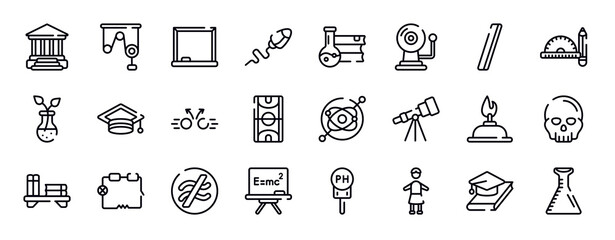 laboratory thin line icons collection. laboratory editable outline icons set. slash, drawing tools, botanic, graduation hat, collision, basketball court stock vector.
