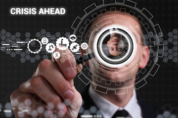 Business, technology, internet and network concept. Young businessman thinks over the steps for successful growth: Сrisis ahead