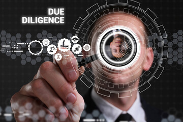 Business, technology, internet and network concept. Young businessman thinks over the steps for successful growth: Due diligence