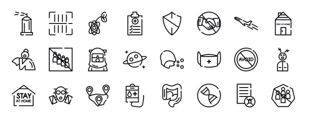 thin line icons collection. editable outline icons set. plane, stayhome, sneeze, no group, safety suit, planet stock vector.