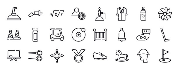 sports thin line icons collection. sports editable outline icons set. feeder, whirligig, bollards, reusable bottle, golf cart, electron stock vector.