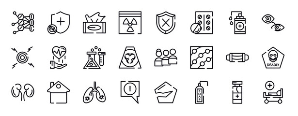 Fototapeta na wymiar thin line icons collection. editable outline icons set. hand sanitizer, eyes, pain, disease prevention, medical laboratory, contaminated stock vector.
