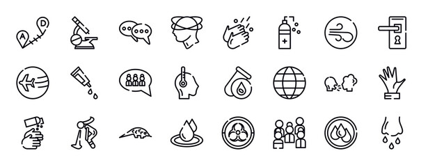 thin line icons collection. editable outline icons set. air, doorknob, travelling, gel, group, fever stock vector.