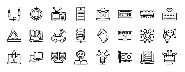 computer technology thin line icons collection. computer technology editable outline icons set. rom, wireless keyboard, conveyor belt, tuition, autonomous car, network server stock vector.