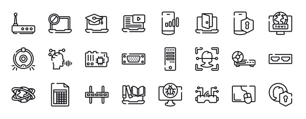 web and hacker thin line icons collection. web and hacker editable outline icons set. vpn, world news, robot vacuum cleaner, voice recognition, mainboard, port stock vector.