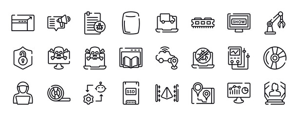 artificial intelligence thin line icons collection. artificial intelligence editable outline icons set. tv show, robotic arm, unsecure, crime, attack, webpage stock vector.