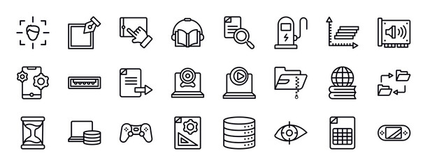 hardware thin line icons collection. hardware editable outline icons set. frequency graph, sound card, feature, usb port, export file, webcamera stock vector.